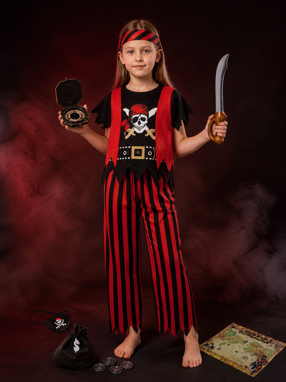Kids Pirate Costume Set with Skeleton Print, Eye Patch & Halloween Accessories