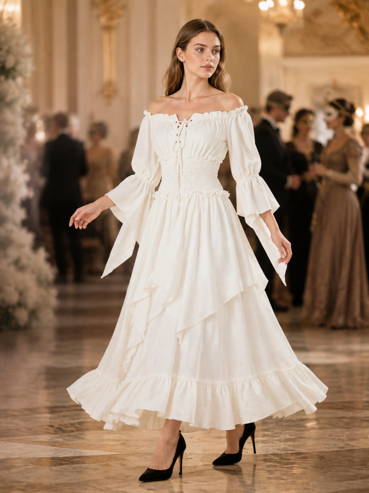 Long White Off-the-Shoulder Dress with Lacing lifestyle view