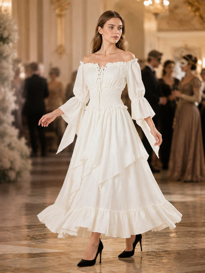 Long White Off-the-Shoulder Dress with Lacing lifestyle view