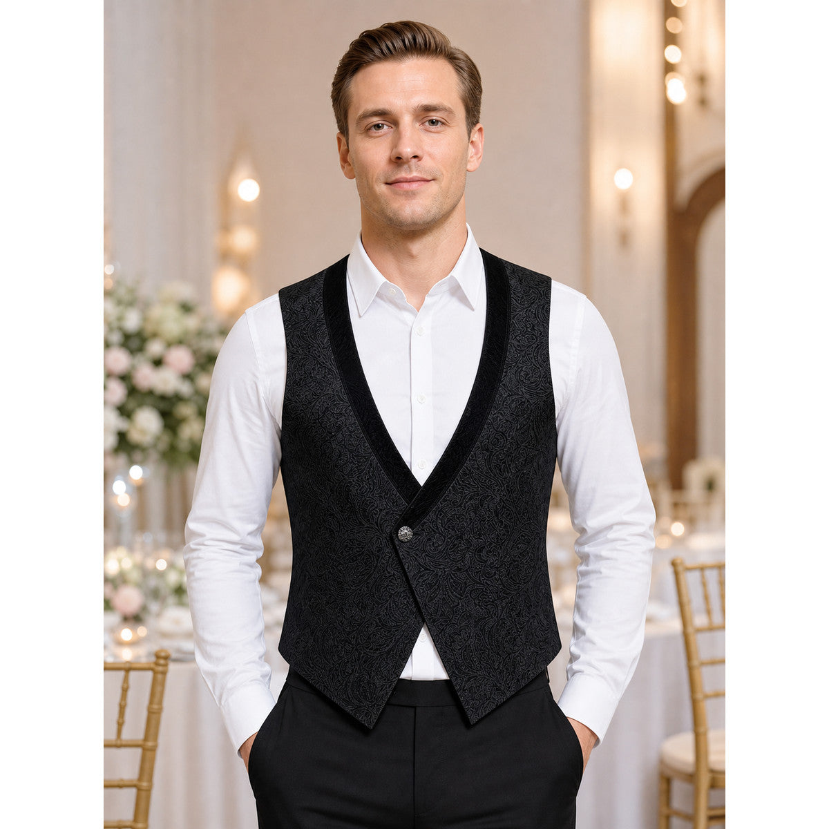 Black Jacquard Vest for Halloween lifestyle view