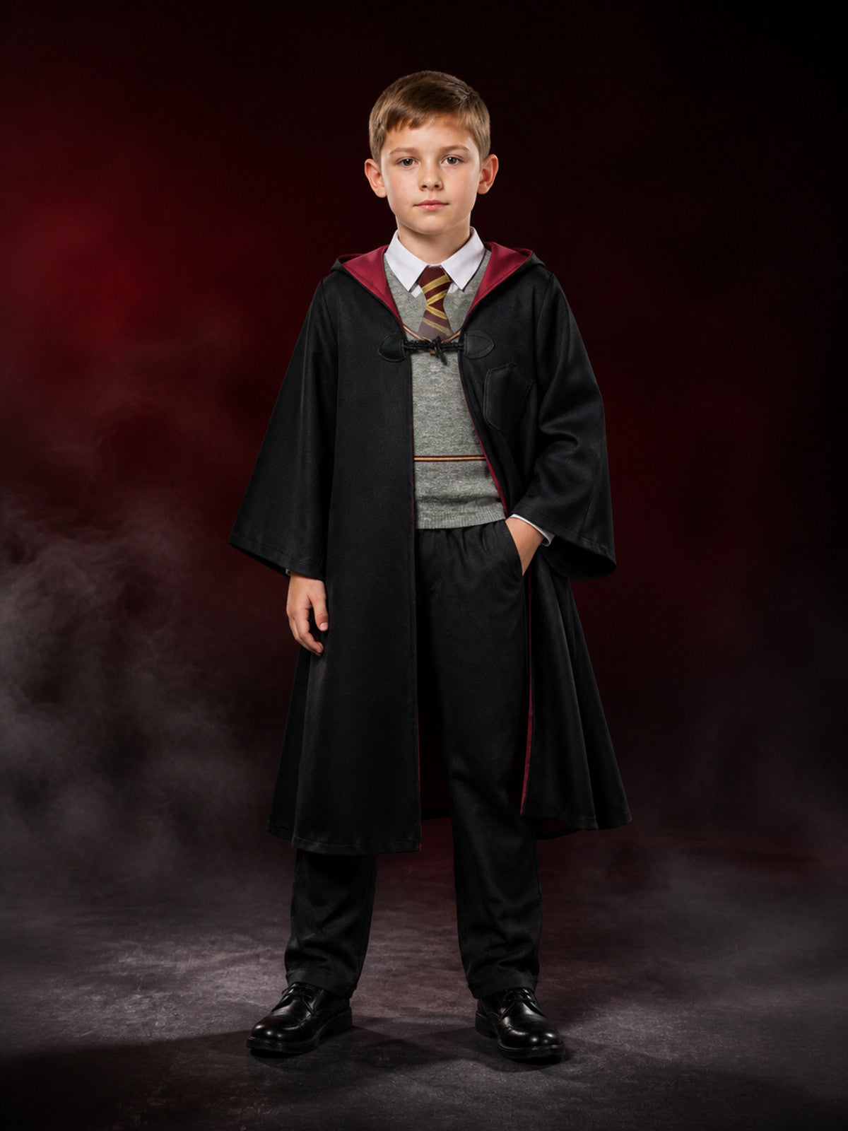 Kids Wizard Costume Set, Hooded Cape, Vest and Pants with Red-Gold Trim for main product view