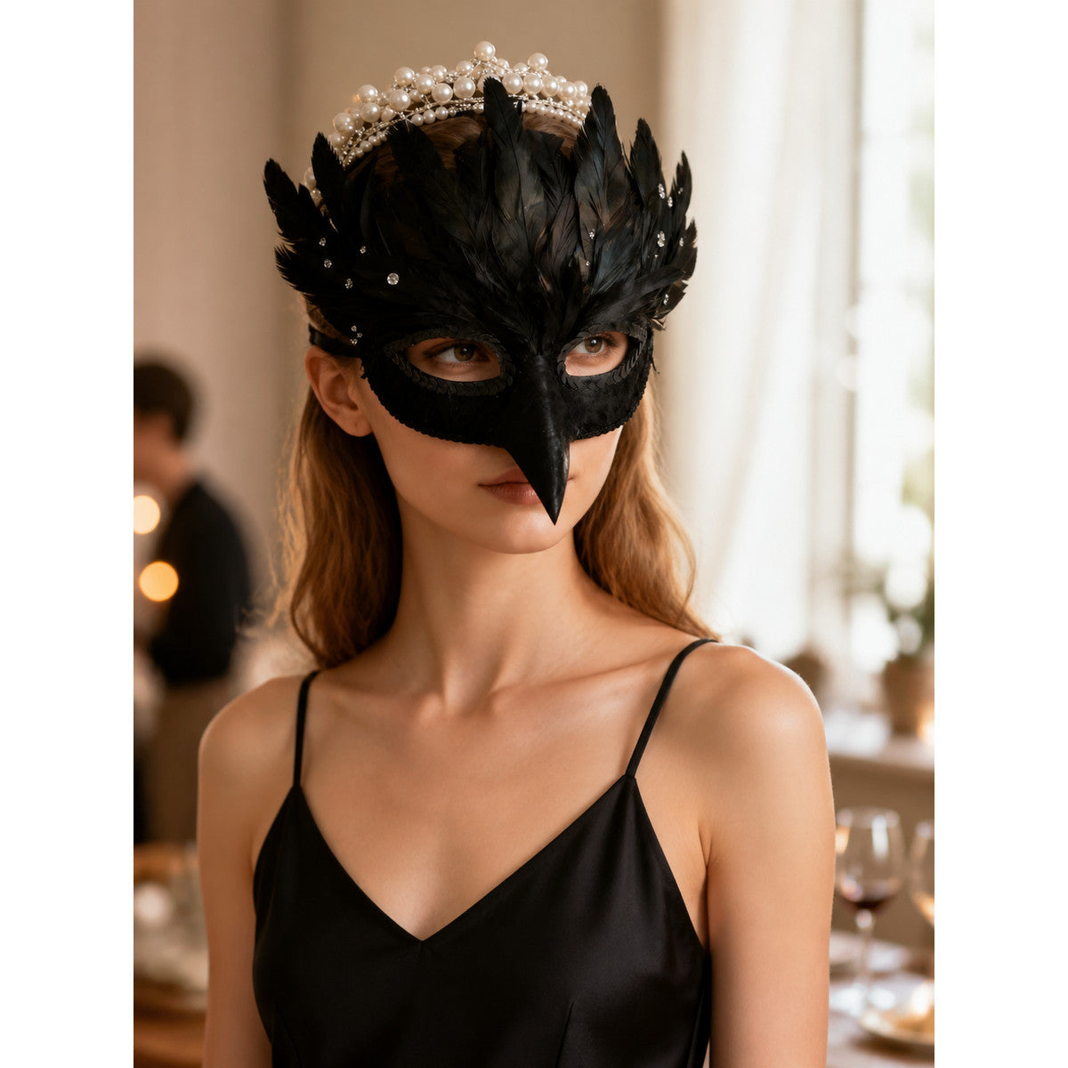 Carnival Headpiece, Raven Mask with Black Feathers lifestyle view