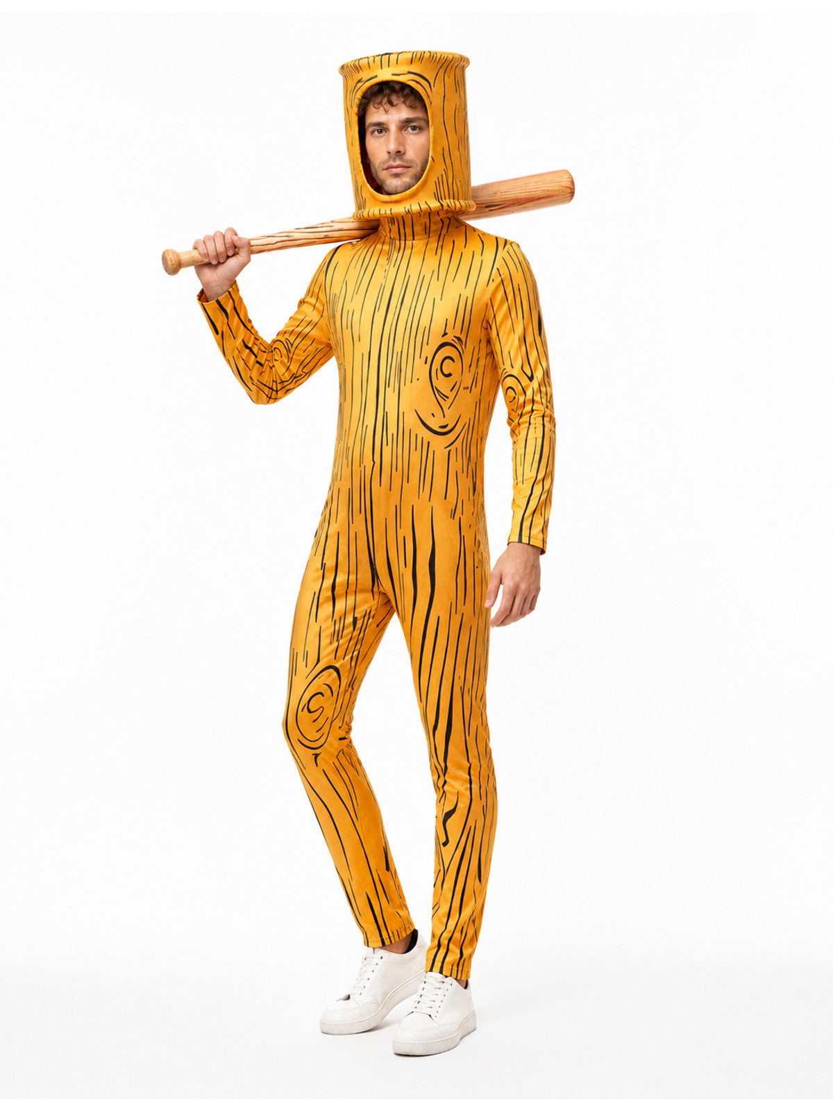 Orange jumpsuit with a stick-shaped mask