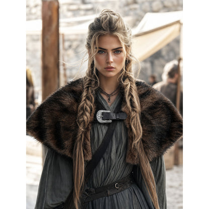 Fur Shoulder Shawl with Buckle, Brown lifestyle