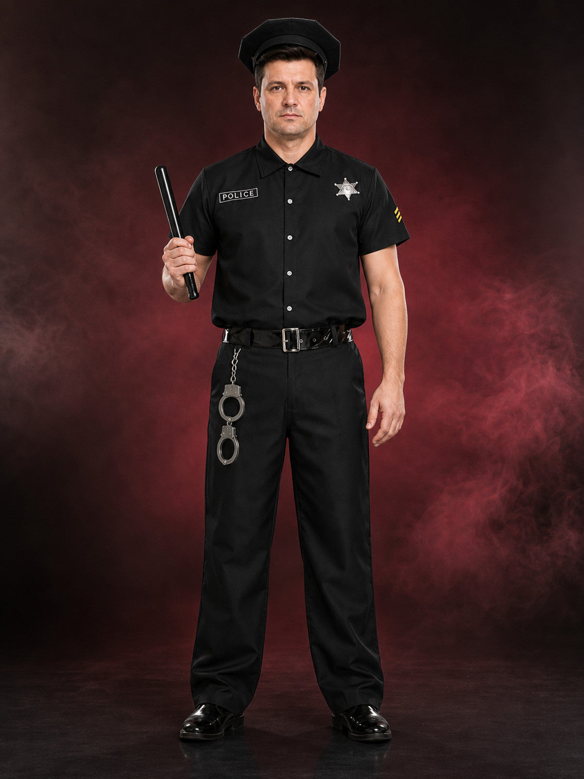Women's Sexy Police Officer Costume Set, Black Uniform with Hat, Belt, Handcuffs main product view