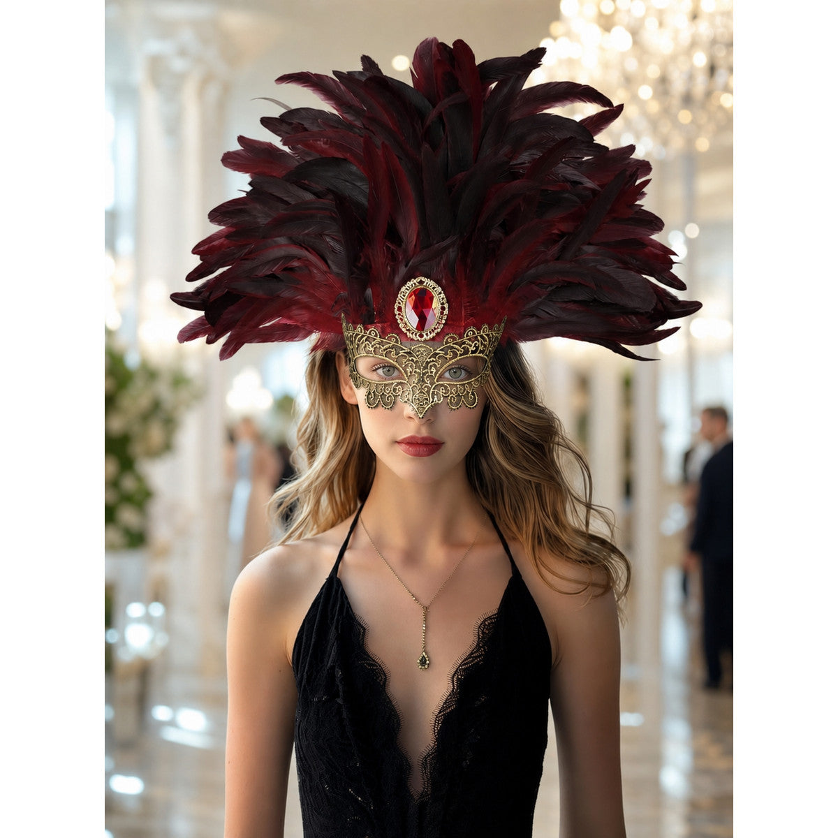 Front view of a burgundy and black feathered mask headpiece with gold detailing and red jewel on a model in an ornate interior