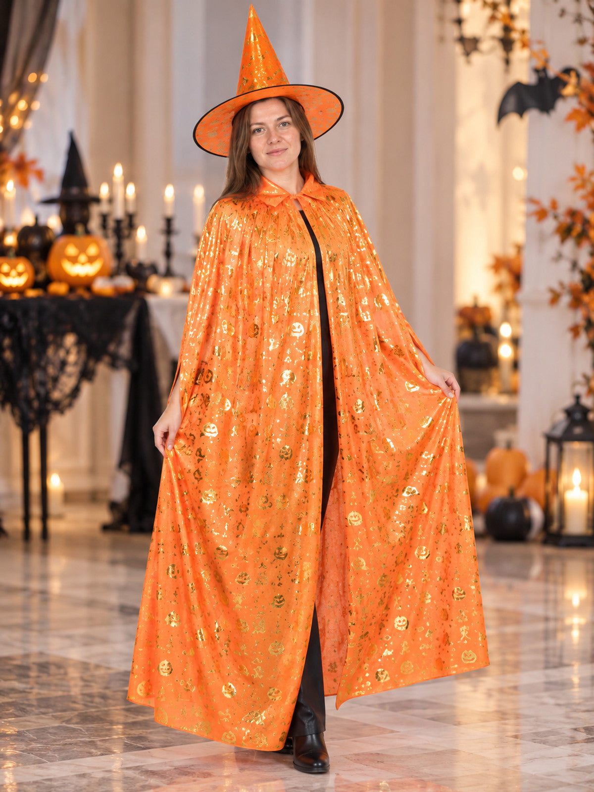 Carnival Witch Costume with Gold Print and Hat