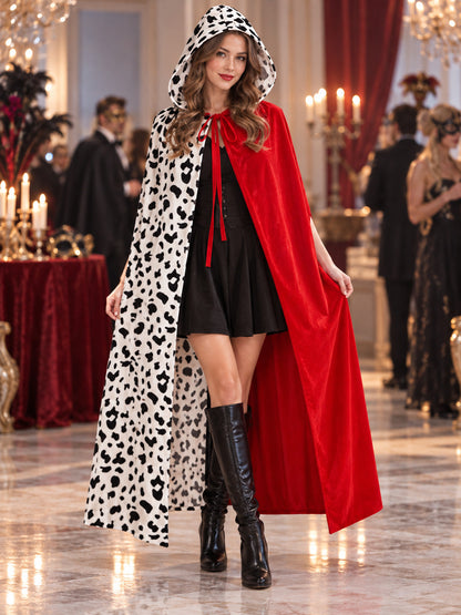 Hooded Cape Cloak, Black-and-White Print, Red Ties