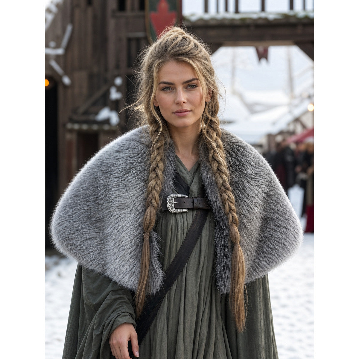 Gray fur-textured shoulder shawl with a front buckle, shown in a styled outdoor portrait on a model
