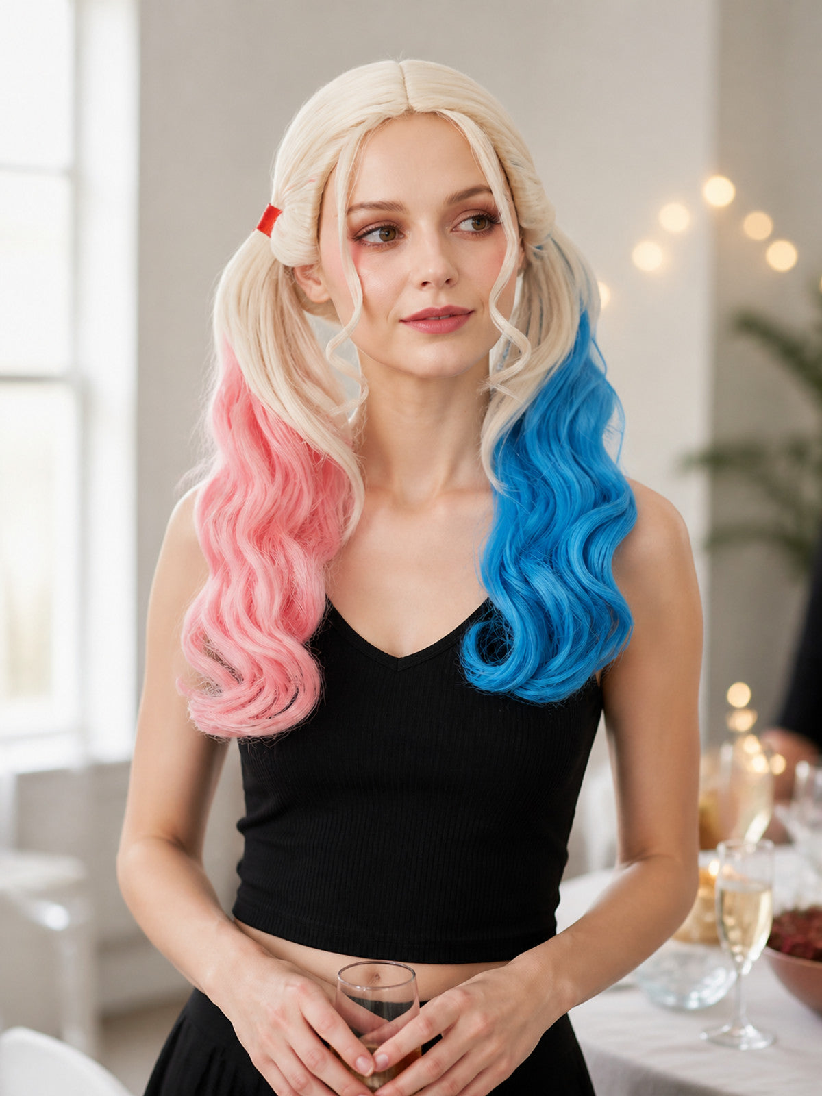 Long Two-Tone Carnival Wig: Pink and Blue