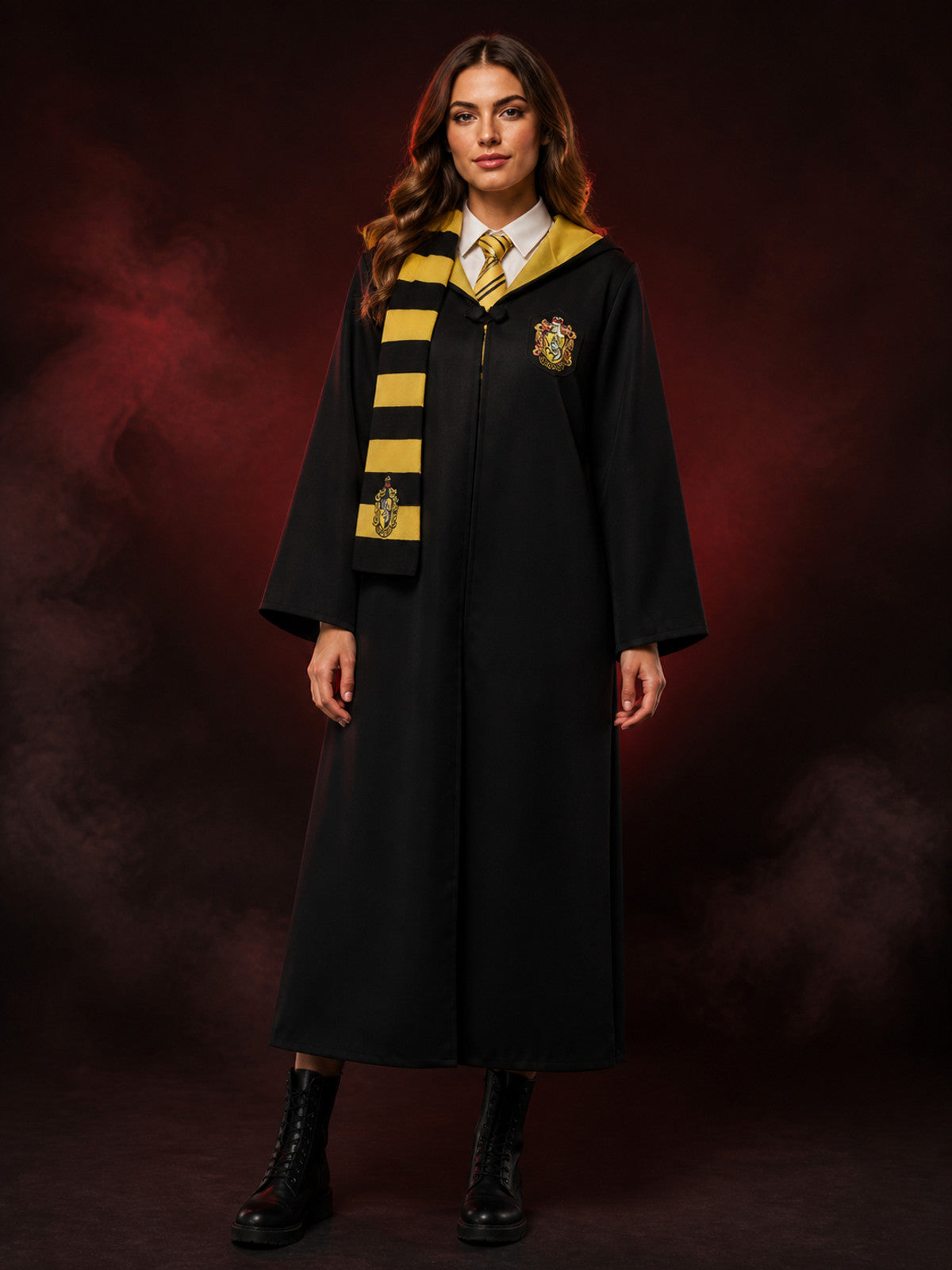 Wizard School Uniform Costume Set, Long Hooded Black Robe with Black-Yellow