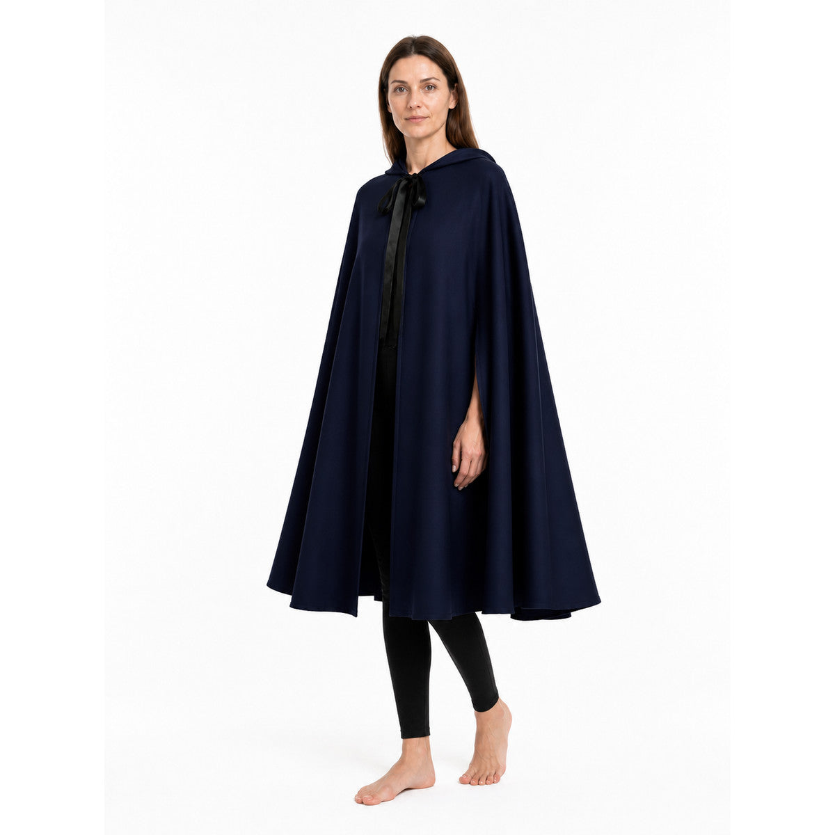 Long Hooded Cloak, Dark Navy with Black Tie on-model front view