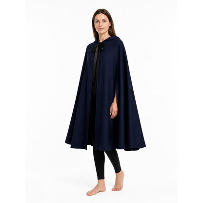 Long Hooded Cloak, Dark Navy with Black Tie on-model front view