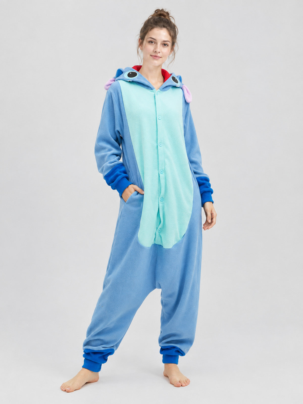 Fleece jumpsuit pajama with hood, face, and ears