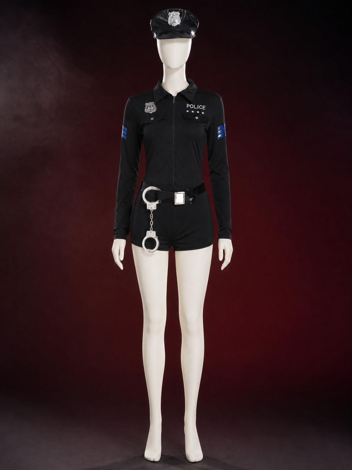Women's Sexy Police Officer Bodysuit Costume with Hat, Belt & Handcuffs for main product view