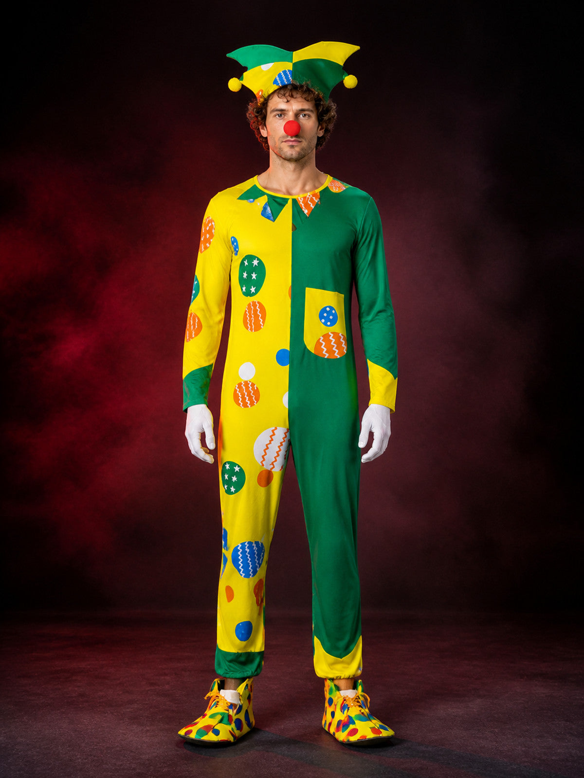 Unisex Adult Clown Bodysuit Costume with Multi-Pointed Hat, Yellow Green Split