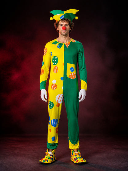 Unisex Adult Clown Bodysuit Costume with Multi-Pointed Hat, Yellow Green Split