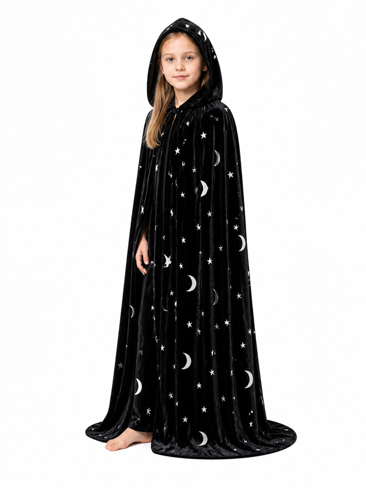 Black Hooded Long Cloak with Moon and Star Pattern