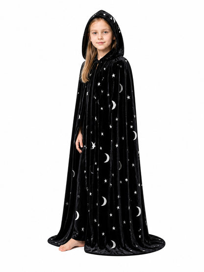 Black Hooded Long Cloak with Moon and Star Pattern