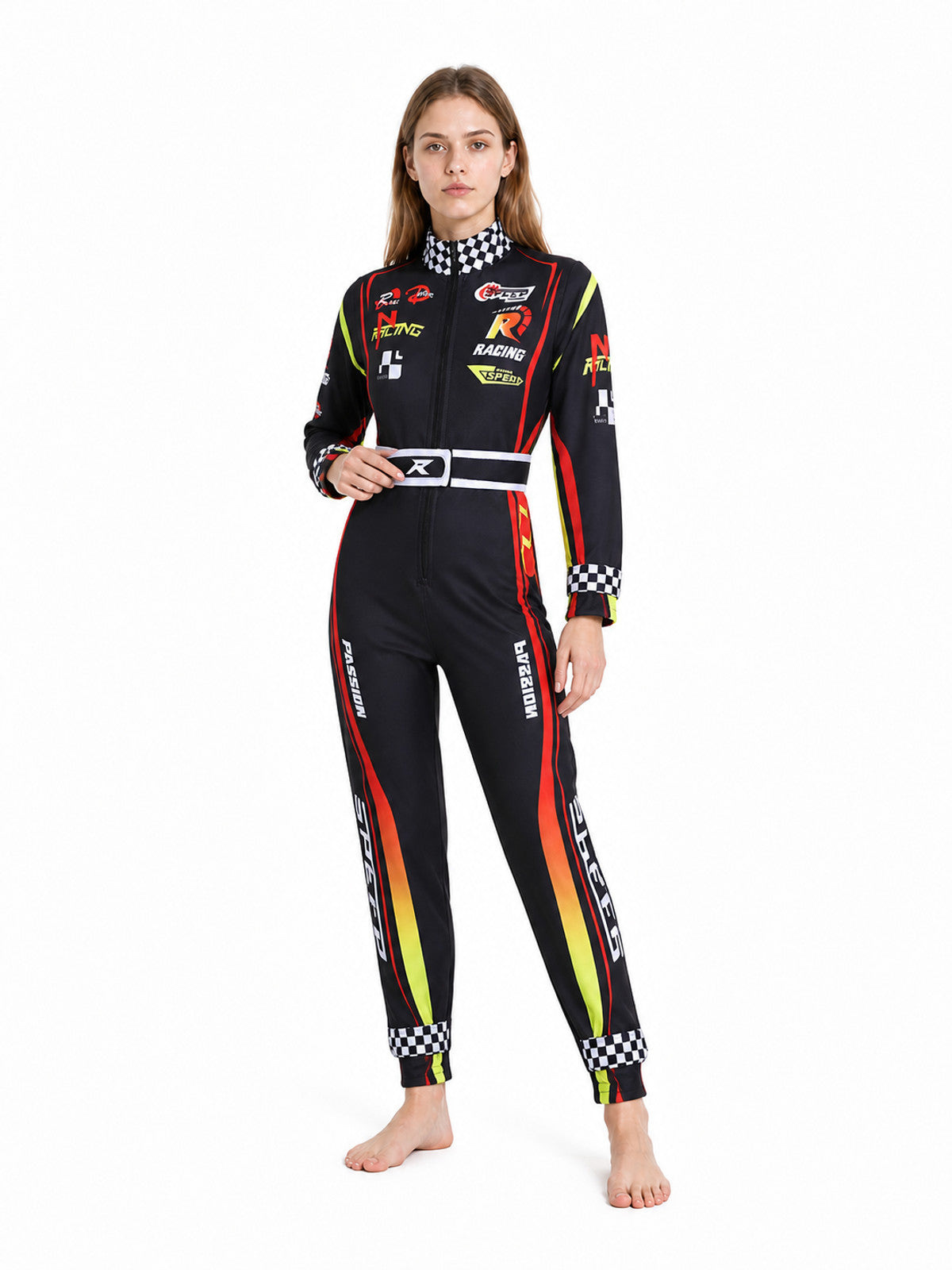 Racing Jumpsuit with Belt and Checkered Print