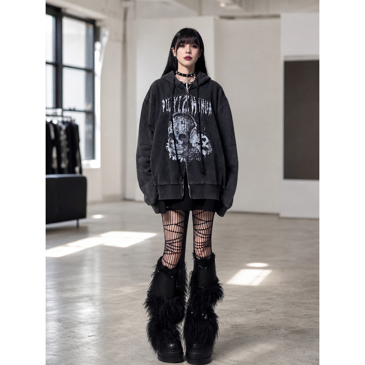Y2K Skull Print Hoodie, Gothic Oversized lifestyle view