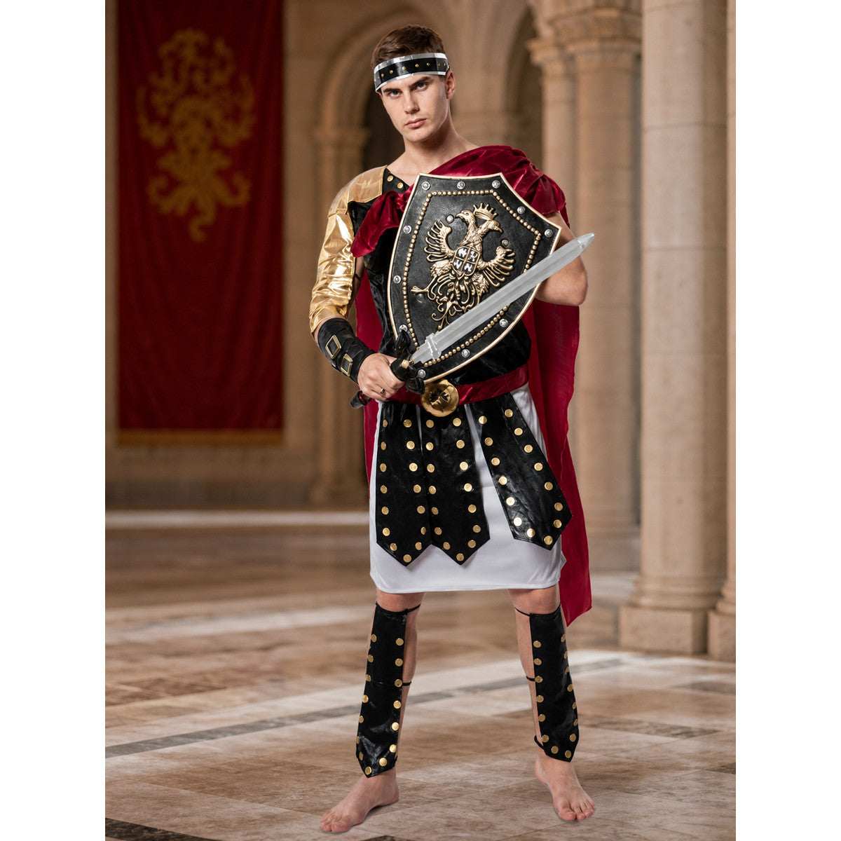Roman Warrior Costume with Shield and Sword for Cosplay lifestyle view