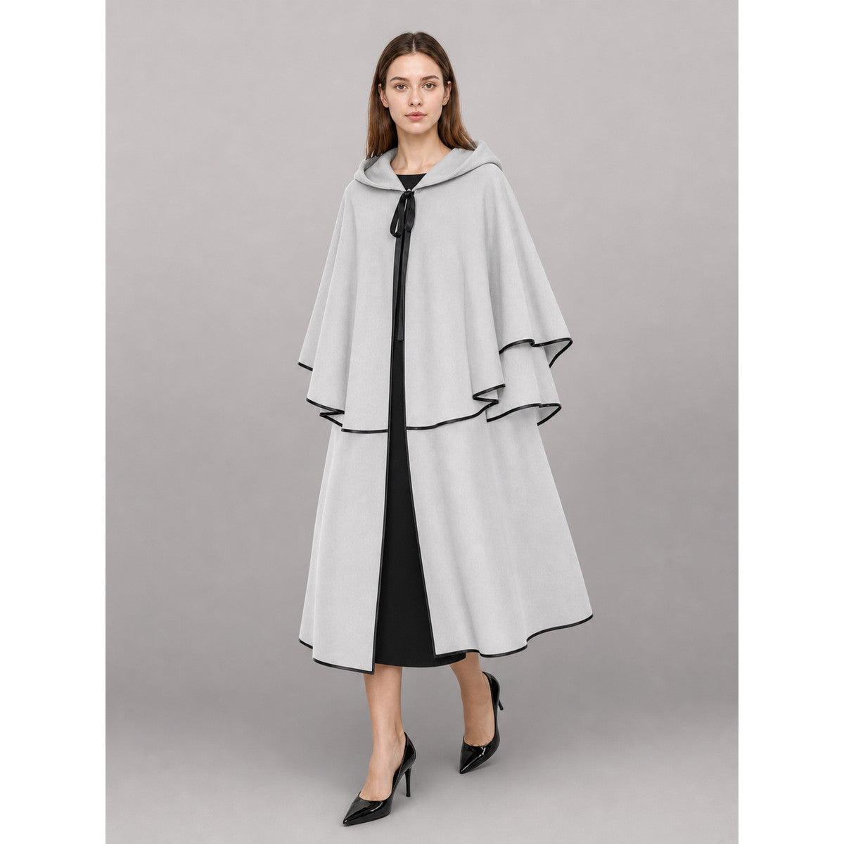 White Carnival Cloak with Hood and Black Trim