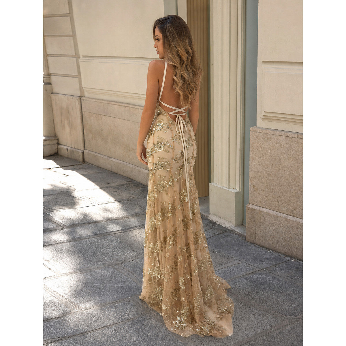 Floor-Length Dress with Open Back, Sequins, and Lace-Up Detail Costume Dresses detail