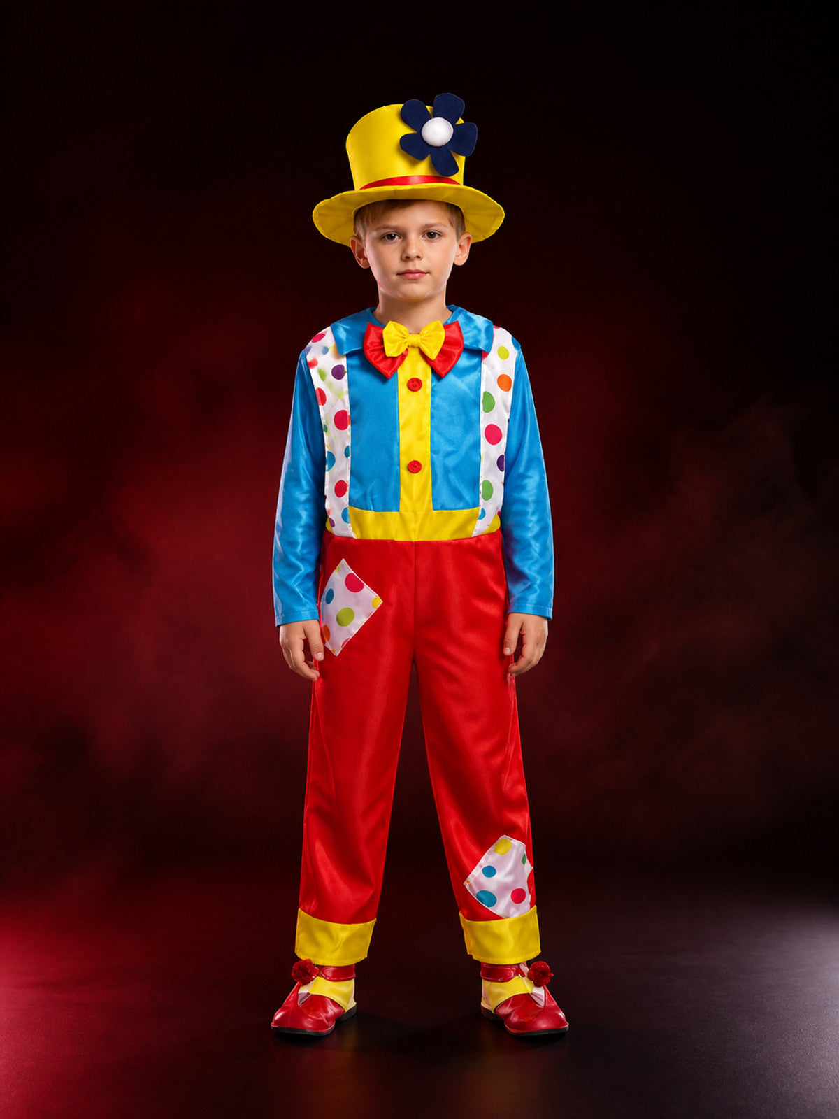 Boys' Colorful Clown Circus Costume Set with Jumpsuit and Tall Hat main product view