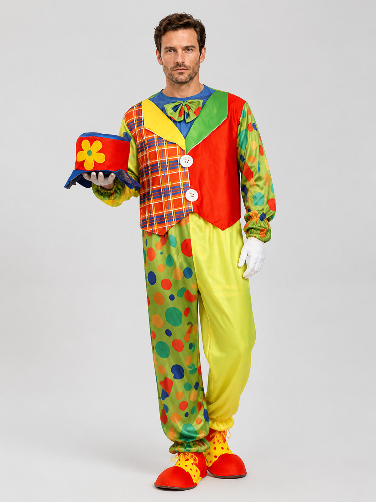 Clown Costume for the Stage, Jumpsuit with Vest and Hat Costume Headwear detail