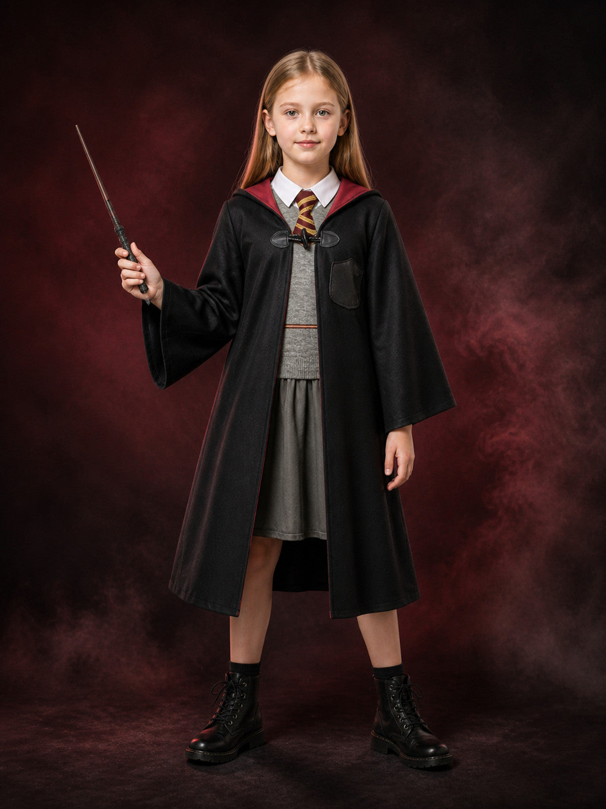 Children's Gryffindor-Themed Wizard Costume Set with Hooded Robe, Vest, Skirt main product view
