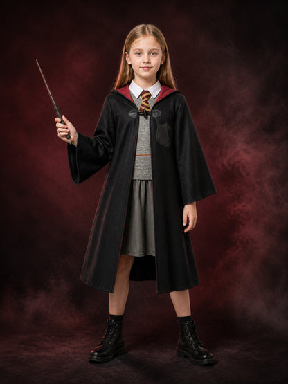 Children's Gryffindor-Themed Wizard Costume Set with Hooded Robe, Vest, Skirt main product view