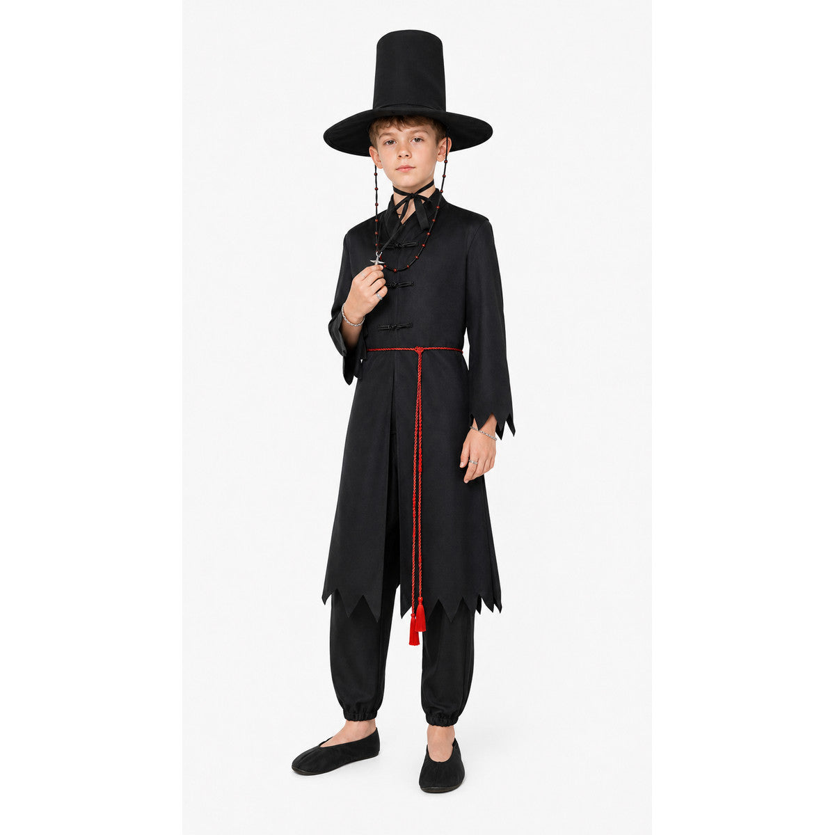 Black Wizard Costume with Cloak and Hat on-model front view