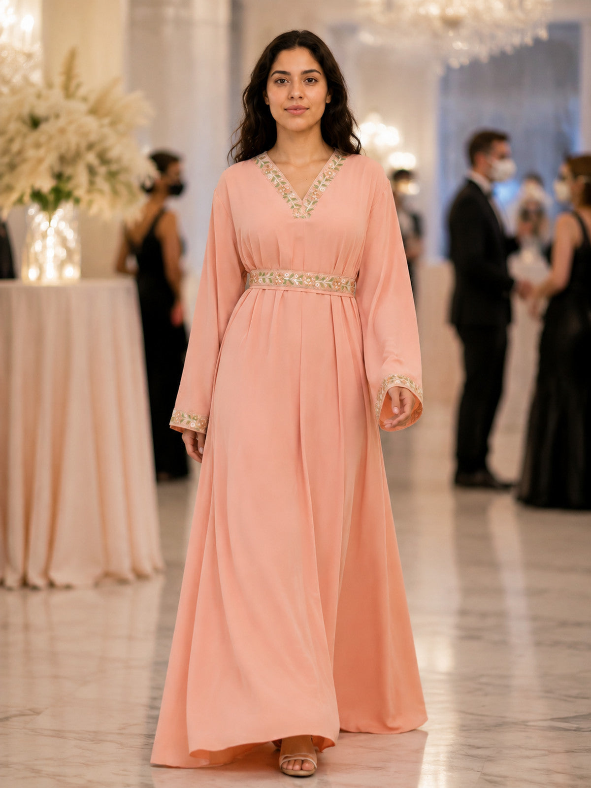 Pink Maxi Dress with Embroidered Trim and Belt lifestyle view