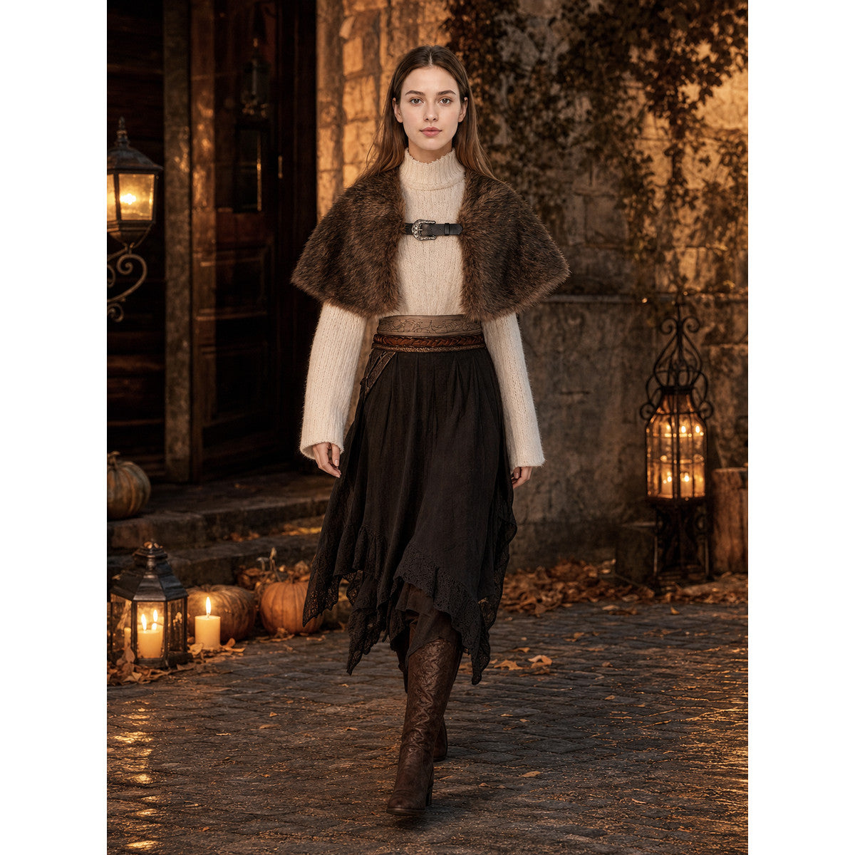 Black And Dark Brown Open Front Shoulder Shawl With Black Buckle, Silver Decorative Button, Wide Coverage And Fluffy Edge