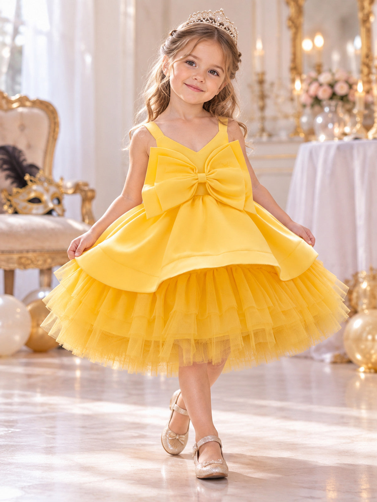 Yellow dress with a bow and a multi-layer tulle skirt