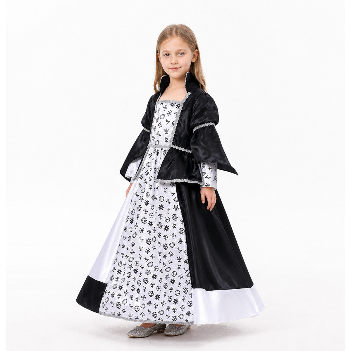 Black-and-White Witch Costume with Dress and Cape on-model front view