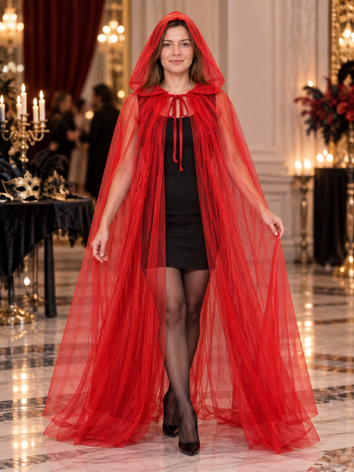 Long red sheer mesh hooded cape cloak