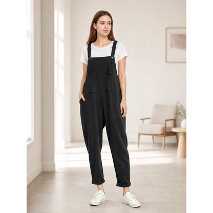 Black Loose-Fit Overalls with Pockets