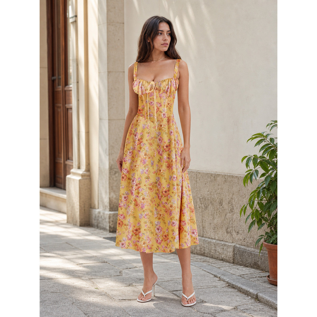 Women's Yellow Summer Midi Dress with Straps lifestyle