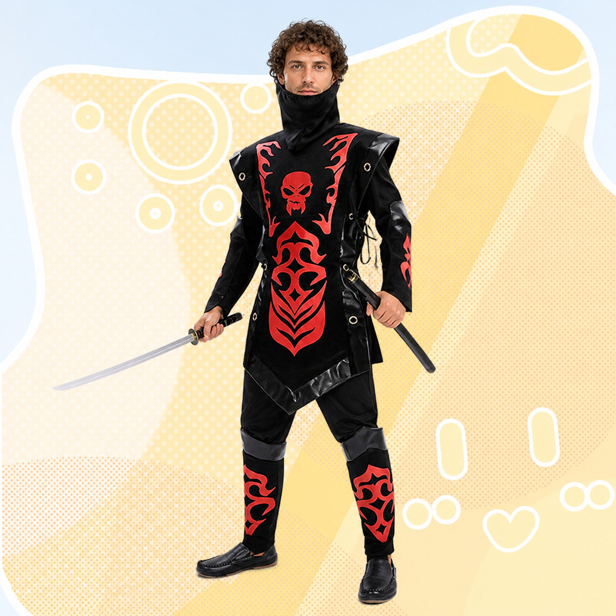 Ninja Costume with Mask and Red-and-Black Pattern Costume Masks detail