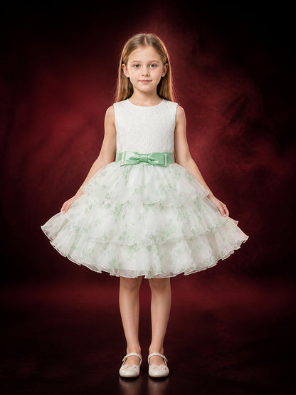 Toddler Girls' Princess Dress, White Lace Bodice, Mint Green Bow and Layered
