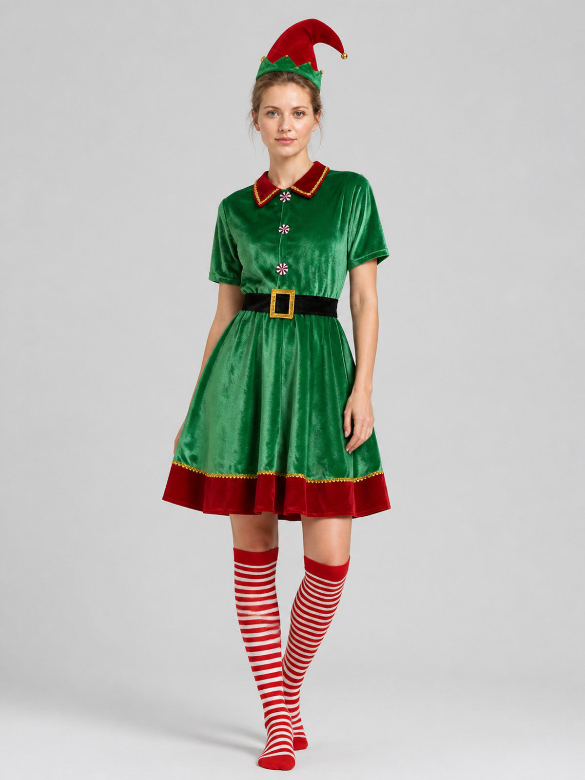 Christmas Elf Costume: Dress, Hat, Belt, and Socks