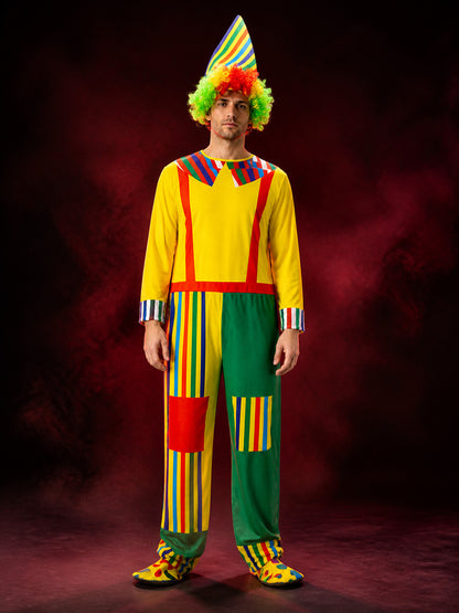 Unisex Clown Costume Set - Multi-Color Striped Jumpsuit with Pointy Hat, Circus main product view