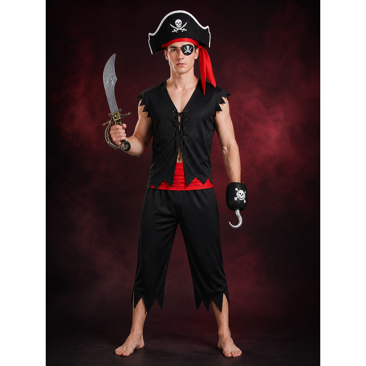 Halloween Pirate Costume Accessory Set - Skull Hat, Eyepatch, Hook & Sword main product view