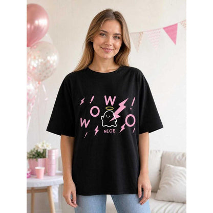 Black loose-fit printed T-shirt for carnival lifestyle view