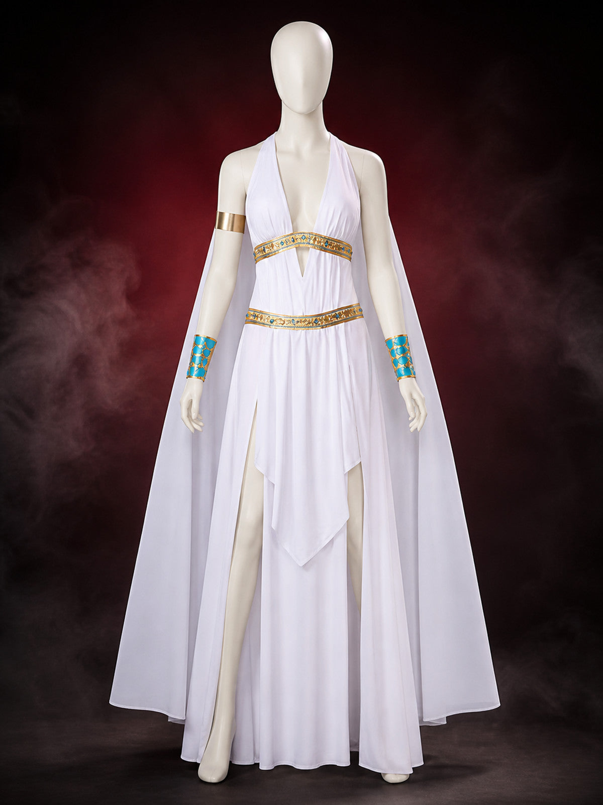 Cleopatra Costume Dress With Cape, Gold Accents and Side Slit Halloween Cosplay main product view