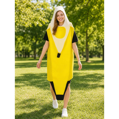 Yellow banana costume with a white hood and black trim, shown full-body on a woman outdoors over a black shirt and white sneakers