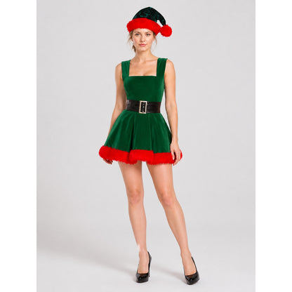 Women's Green Christmas Tree Princess Dress with Red Fur Trim and Black Belt Costume Dresses detail