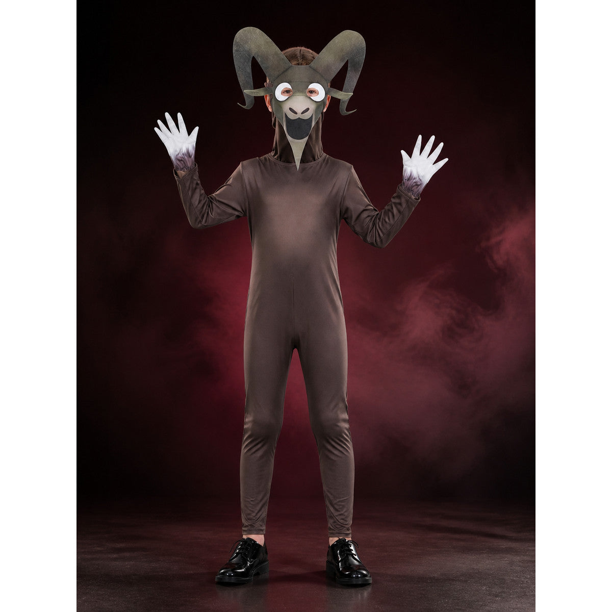 Goat Monster Kids Costume, Brown Animal Onesie with Horned Mask for Halloween main product view